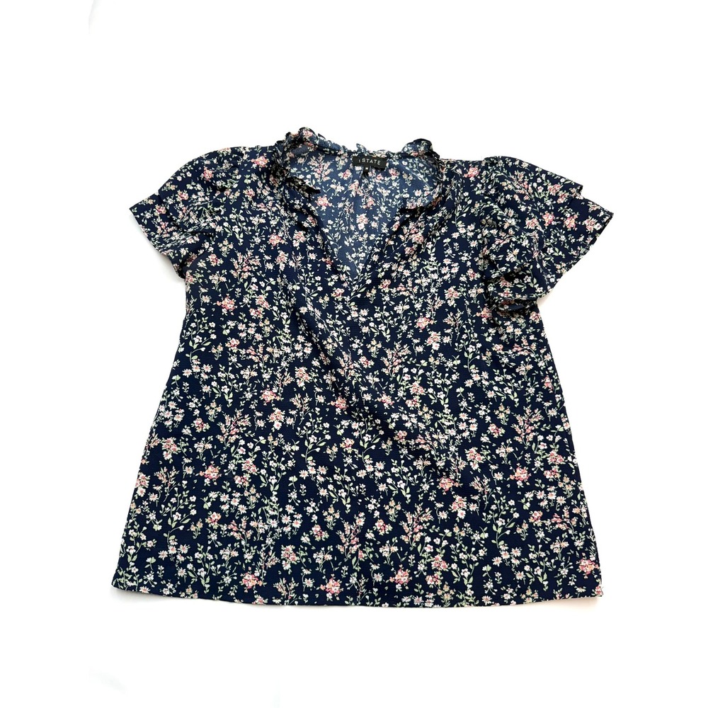 1 STATE Womens Medium Blue Pink Floral Short Sleeve Vneck Loose Fit Blouse DD17